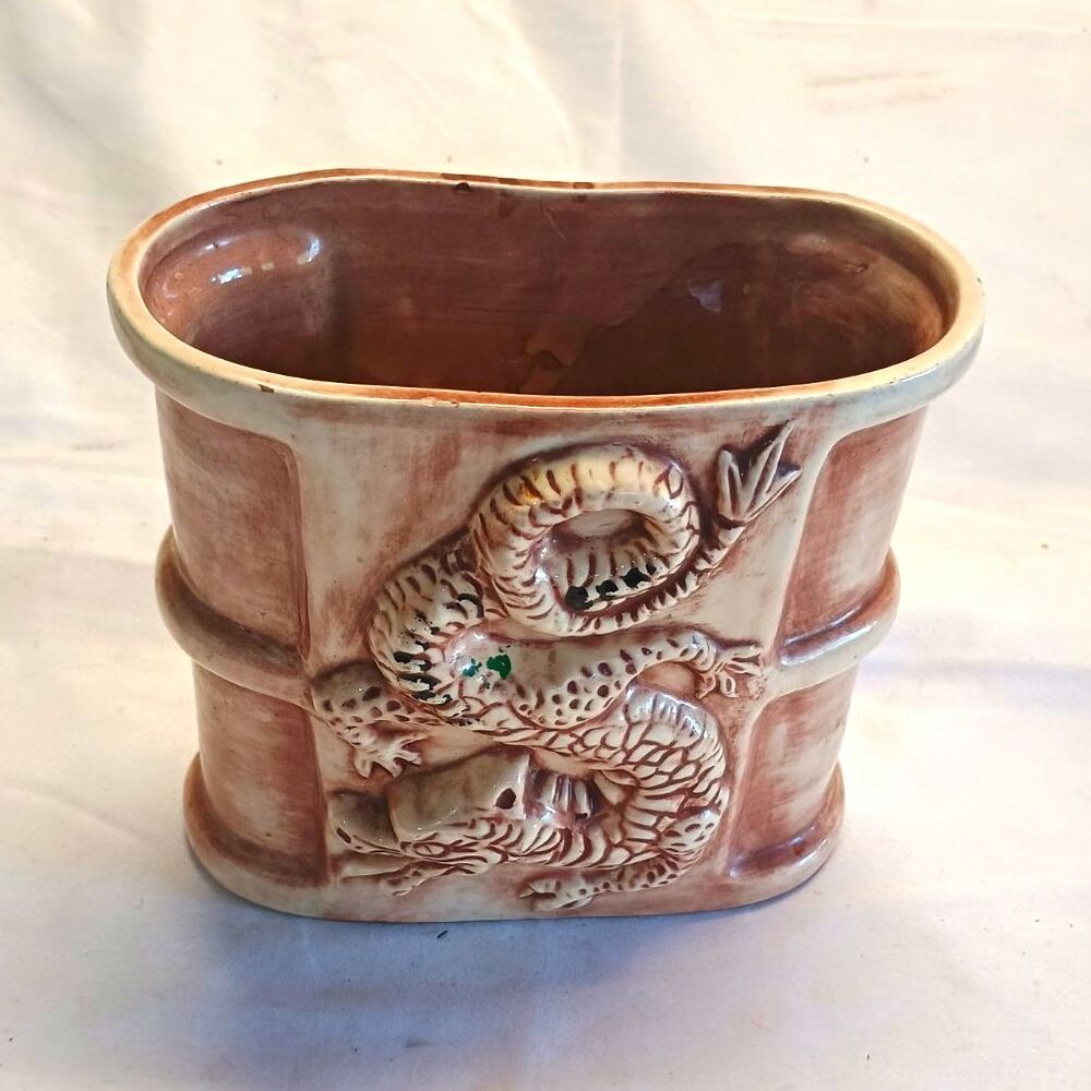 Vintage Asian Ceramic Dragon Bamboo Planter Cachepot Brown Cream 8"